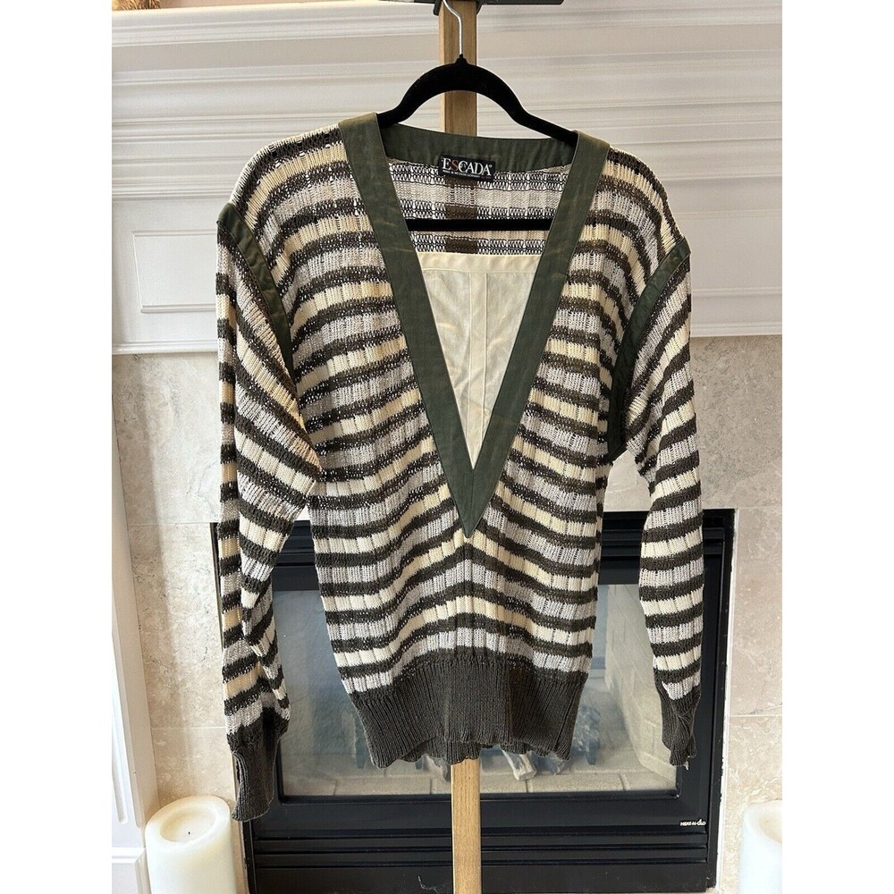 Vintage Escada V Neck Striped Sweater Size 40. Linen & Viscose. Green&Cream.